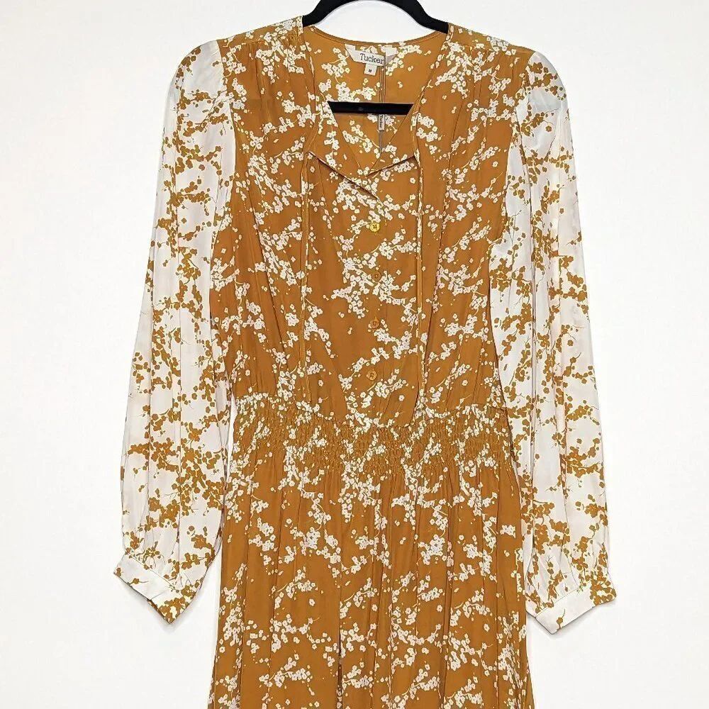 Tucker Juliette Dress Marigold Love Duet in Silk Crepe de Chine Midi Long Sleeve